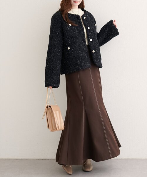 natural couture(ナチュラルクチュール)の「ラメリングボアノーカラージャケット(ノーカラージャケット・レディース・ブラック/アイボリー・FREE)」の6枚目の写真