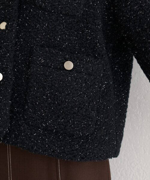 natural couture(ナチュラルクチュール)の「ラメリングボアノーカラージャケット(ノーカラージャケット・レディース・ブラック/アイボリー・FREE)」の4枚目の写真