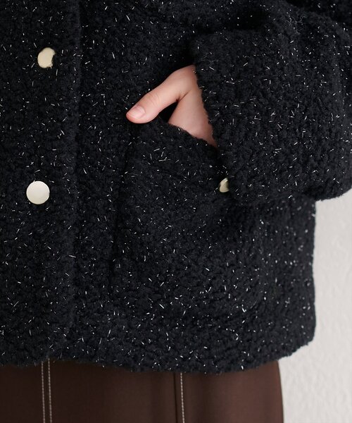 セール】ラメリングボアノーカラージャケット（ノーカラージャケット