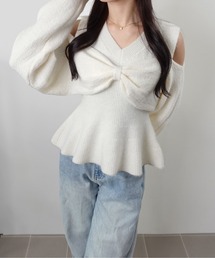 フロントリボン オフショルペプラム ラメ ニット