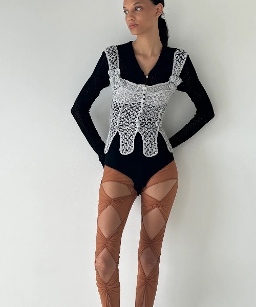 FETICO ブラック レース タンクトップ FTC252-0713 FETICO（フェティコ）の「FETICO HAND-KNITTED ROSE BUSTIER FTC252