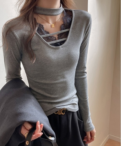 gossip!ロサンゼルス(ゴシップロサンゼルス)の「Y2K メロウ ハイネック レースインナートップス(Tシャツ/カットソー・レディース・ダークグレー/ホワイト/ブラック・M)」の3枚目の写真