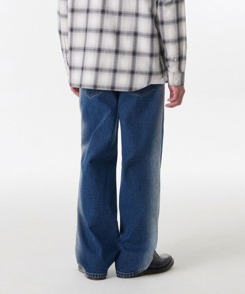 セール】サイドブラシワイドデニムパンツ[ミディアムインディゴ
