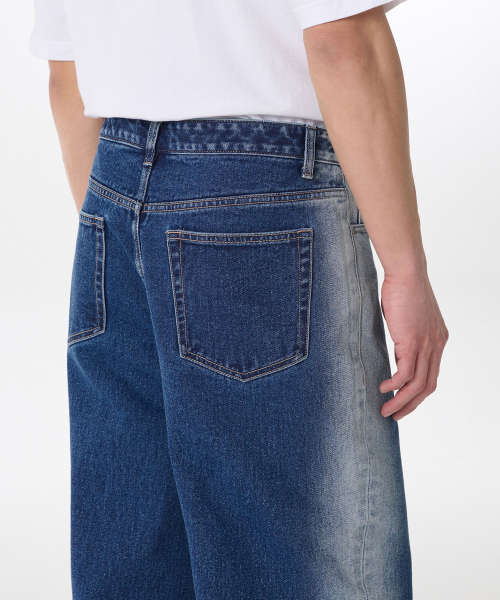 セール】サイドブラシワイドデニムパンツ[ミディアムインディゴ
