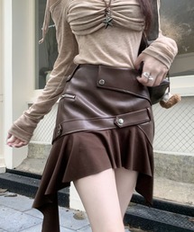 アシンメトリー フリル ハイウエスト PU フレア スカート