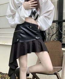 アシンメトリー フリル ハイウエスト PU フレア スカート