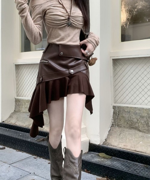 MAISON DE THERESE(メゾン ド テレーズ)の「アシンメトリー フリル ハイウエスト PU フレア スカート(スカート・レディース・ブラウン/ブラック・S/M)」の5枚目の写真