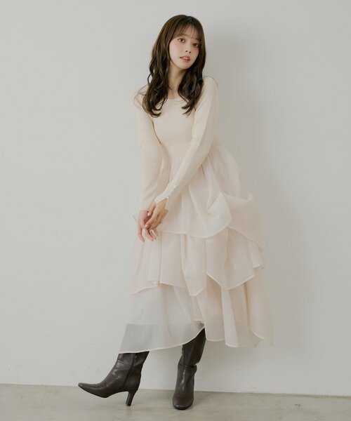 harunachicoハルナチコワンピース SALON by Chico】タックチュールドッキングロングワンピース