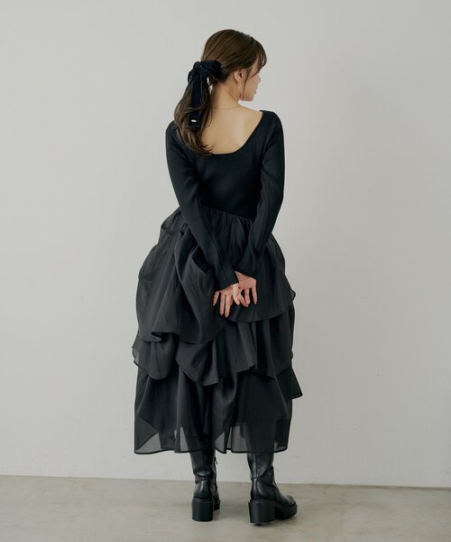 WEB限定/SALON by Chico】タックチュールドッキングロングワンピース