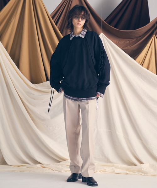 UNISEX》Waffle Switch Lace-up Sweat Prime-Over Crew Neck Pullover