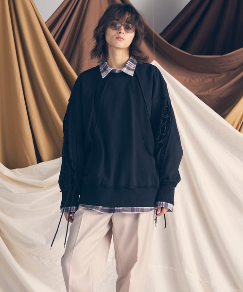 UNISEX》Waffle Switch Lace-up Sweat Prime-Over Crew Neck Pullover