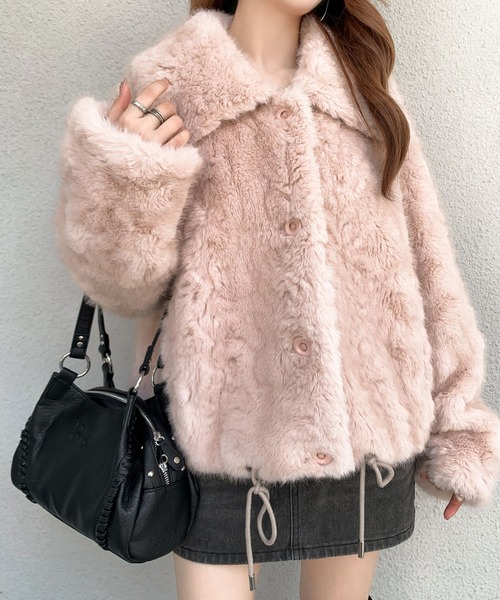 ジャケット・アウター Berry 2way フェード加工 ファー襟レザレットブルゾン/ファー切替 レザレット