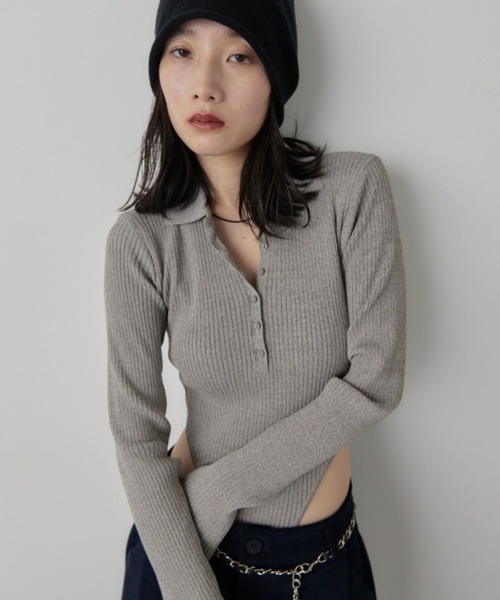 HANNE（アン）の「ポロニットボディスーツ（ニット/セーター・レディース・ブラック/グレー/ブルー/アイボリー/ブラウン/レッド/ベージュ/ネイビー・FREE）」の5枚目の写真