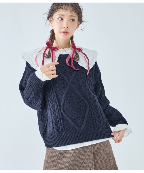 PEACH JOHN（ピーチジョン）の「モヘヤ調ケーブルニット（ニット/セーター・レディース・ネイビー/ピンク/グレイッシュベージュ・ONE SIZE）」の3枚目の写真