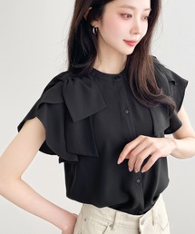 厚手シフォンラッフルスリーブ肩リボンブラウス