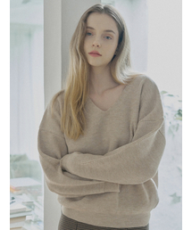 V-neck Oversized Knit Pullover - BEIGE