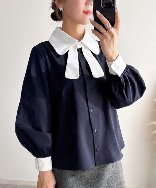 &. NOSTALGIA(アンドドットノスタルジア)の「【ZOZO限定】リボンカラー2WAYブラウス(シャツ/ブラウス・レディース・ネイビー×ホワイト/ホワイト・M)」の1枚目の写真