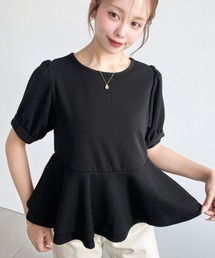 しわになりにくいストレッチジョーゼットパフスリーブダブルペプラムTブラウス