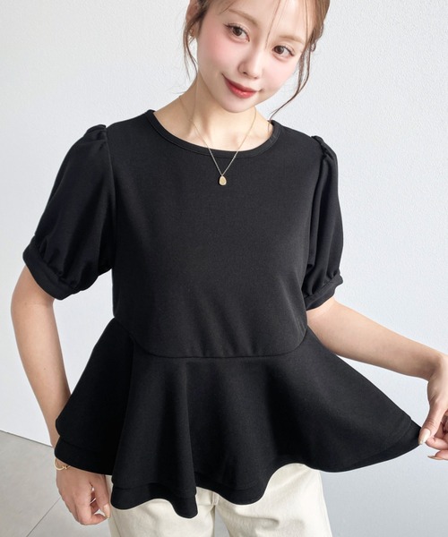 moment+（モーメントプラス）の「しわになりにくいストレッチジョーゼットパフスリーブダブルペプラムTブラウス（Tシャツ/カットソー・レディース・ネイビー/ブラック/オフホワイト・M）」の2枚目の写真