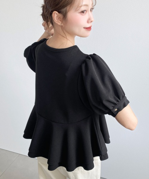 moment+（モーメントプラス）の「しわになりにくいストレッチジョーゼットパフスリーブダブルペプラムTブラウス（Tシャツ/カットソー・レディース・ネイビー/ブラック/オフホワイト・M）」の11枚目の写真