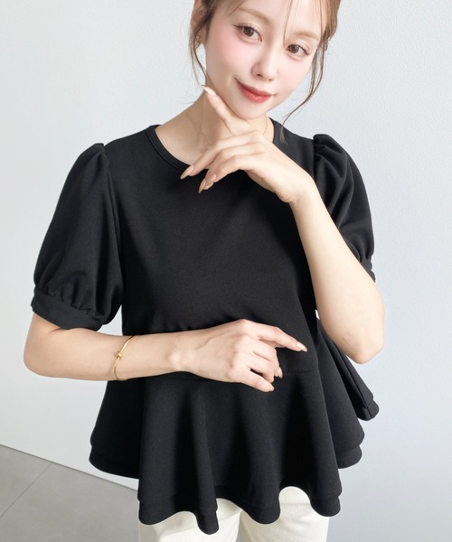 moment+（モーメントプラス）の「しわになりにくいストレッチジョーゼットパフスリーブダブルペプラムTブラウス（Tシャツ/カットソー・レディース・ネイビー/ブラック/オフホワイト・M）」の9枚目の写真