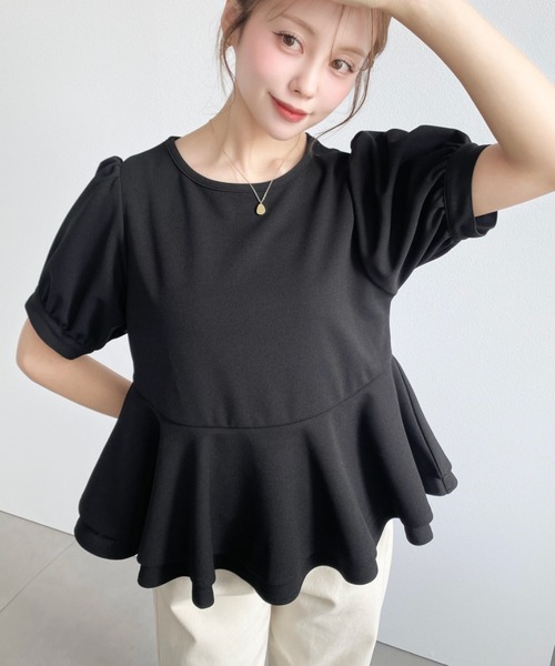 moment+（モーメントプラス）の「しわになりにくいストレッチジョーゼットパフスリーブダブルペプラムTブラウス（Tシャツ/カットソー・レディース・ネイビー/ブラック/オフホワイト・M）」の12枚目の写真