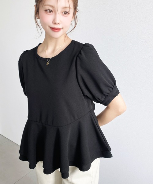 moment+（モーメントプラス）の「しわになりにくいストレッチジョーゼットパフスリーブダブルペプラムTブラウス（Tシャツ/カットソー・レディース・ネイビー/ブラック/オフホワイト・M）」の10枚目の写真