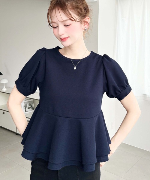moment+（モーメントプラス）の「しわになりにくいストレッチジョーゼットパフスリーブダブルペプラムTブラウス（Tシャツ/カットソー・レディース・ネイビー/ブラック/オフホワイト・M）」の14枚目の写真