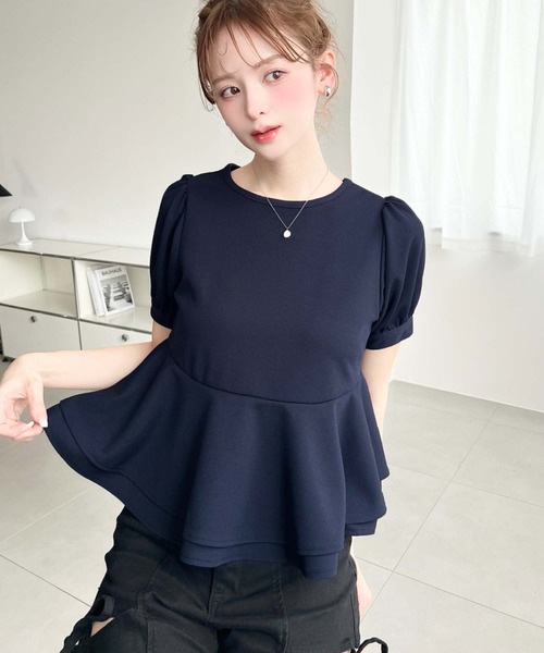moment+（モーメントプラス）の「しわになりにくいストレッチジョーゼットパフスリーブダブルペプラムTブラウス（Tシャツ/カットソー・レディース・ネイビー/ブラック/オフホワイト・M）」の15枚目の写真