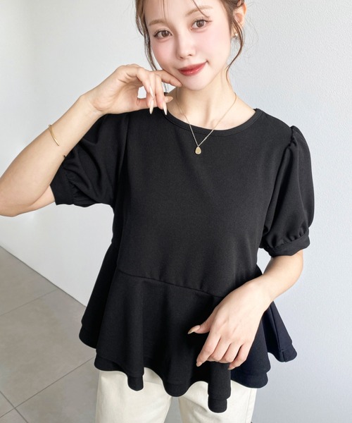 moment+（モーメントプラス）の「しわになりにくいストレッチジョーゼットパフスリーブダブルペプラムTブラウス（Tシャツ/カットソー・レディース・ネイビー/ブラック/オフホワイト・M）」の17枚目の写真