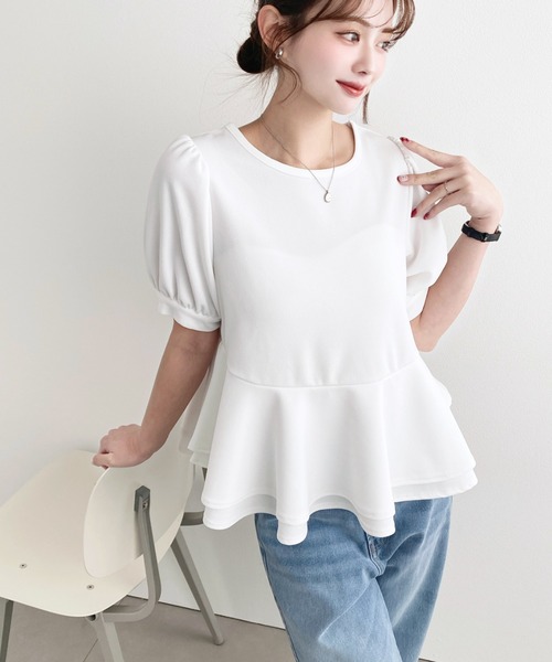 moment+（モーメントプラス）の「しわになりにくいストレッチジョーゼットパフスリーブダブルペプラムTブラウス（Tシャツ/カットソー・レディース・ネイビー/ブラック/オフホワイト・M）」の18枚目の写真