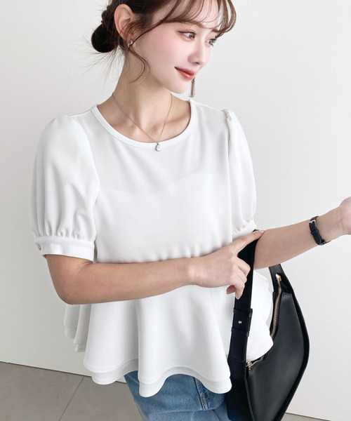 moment+（モーメントプラス）の「しわになりにくいストレッチジョーゼットパフスリーブダブルペプラムTブラウス（Tシャツ/カットソー・レディース・ネイビー/ブラック/オフホワイト・M）」の20枚目の写真