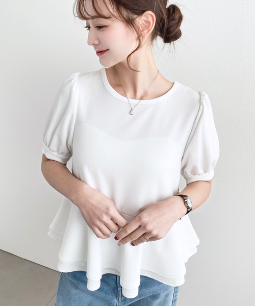 moment+（モーメントプラス）の「しわになりにくいストレッチジョーゼットパフスリーブダブルペプラムTブラウス（Tシャツ/カットソー・レディース・ネイビー/ブラック/オフホワイト・M）」の19枚目の写真