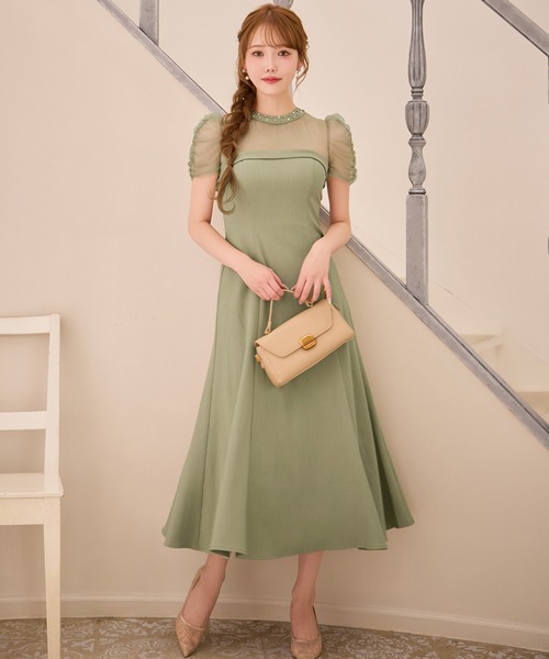 sugar nine（シュガーナイン）の「【ワンピース】シアーショルダーフレアワンピース（ワンピース・レディース・グリーン/グレー・LARGE/MEDIUM/SMALL）」の2枚目の写真