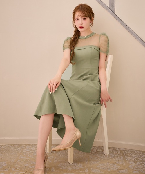 sugar nine（シュガーナイン）の「【ワンピース】シアーショルダーフレアワンピース（ワンピース・レディース・グリーン/グレー・LARGE/MEDIUM/SMALL）」の4枚目の写真