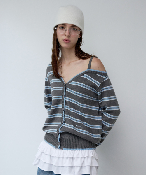 ONE OFF SHOULDER STRIPE WOOL BLENDED CARDIGAN GRAY（カーディガン