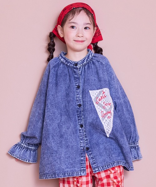 MARKEY'S（マーキーズ）の「レースポイントデニムブラウス（シャツ/ブラウス・キッズ・ライトブルー/ネイビー・150/140/120/110/100/90/130）」の2枚目の写真