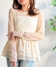 mily bilet（ミウィビレット）の「【mily bilet】フェミニンな裾フリルが目を惹く!袖ギャザーメッシュフリルシアートップス（Tシャツ/カットソー）」