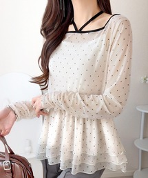 mily bilet（ミウィビレット）の「【mily bilet】フェミニンな裾フリルが目を惹く!袖ギャザーメッシュフリルシアートップス（Tシャツ/カットソー）」