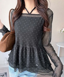 mily bilet（ミウィビレット）の「【mily bilet】フェミニンな裾フリルが目を惹く!袖ギャザーメッシュフリルシアートップス（Tシャツ/カットソー）」