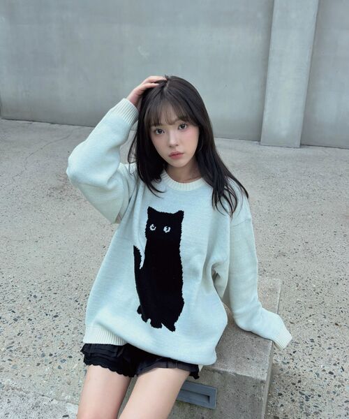 Video Jockey（ビデオジョッキー）の「黒猫ニットセーター[アイボリー]（ニット/セーター・レディース・アイボリー・C/M/L）」の11枚目の写真