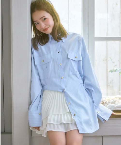 rienda(リエンダ)の「ベルトディティールビッグシャツ 春服(シャツ/ブラウス・レディース・イエロー系その他/ホワイト/ブルー系その他・FREE)」の1枚目の写真