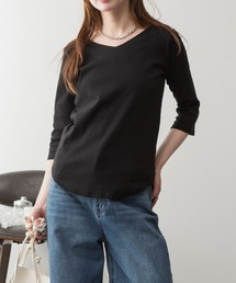M-4L Vネック7分袖カットソー 夏服