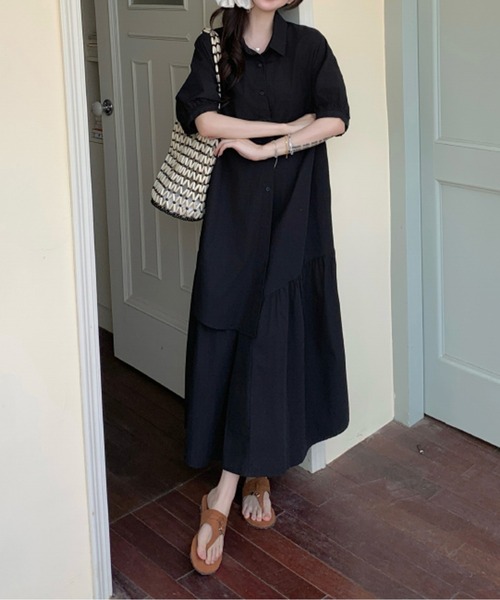バンドカラーギャザー切替ゆるシルエットシャツワンピース