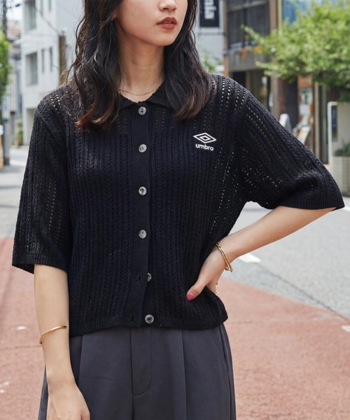UMBRO（アンブロ）の「【アンブロ】透かし編みポロ衿ショートカーディガン（カーディガン/ボレロ・レディース・アイボリー/ブラック・L/M）」の2枚目の写真