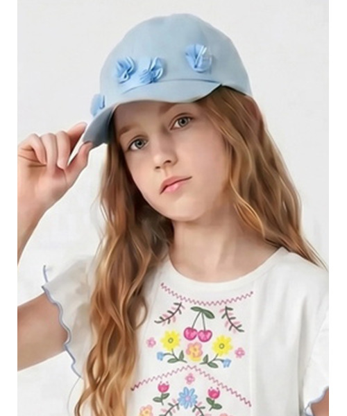 HAKKA KIDS(ハッカキッズ)の「花モチーフ日よけ付きキャップ(UVカット)(保冷剤入れポケット付き)(キャップ・キッズ・サックスブルー/ピンク・M/L)」の2枚目の写真