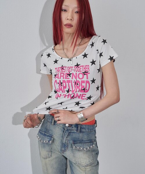 WHO'S WHO gallery(フーズフーギャラリー)の「【WEB限定】メッセージスタードットS/S TEE(Tシャツ/カットソー・レディース・オフホワイト/ブラック・FREE)」の4枚目の写真