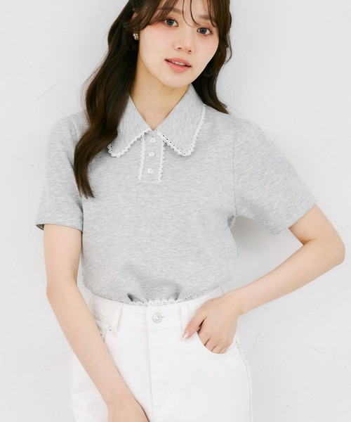 tocco closet（トッコ　クローゼット）の「【ZOZO限定】配色プチレース装飾ポロシャツ（Tシャツ/カットソー・レディース・杢グレー/アイボリー・M）」の2枚目の写真