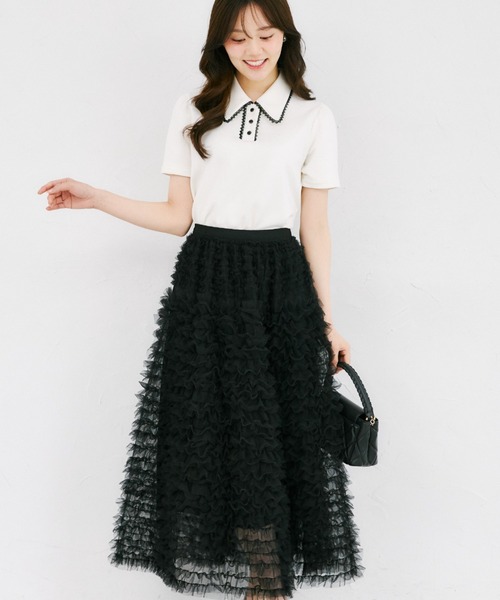 tocco closet（トッコ　クローゼット）の「【ZOZO限定】配色プチレース装飾ポロシャツ（Tシャツ/カットソー・レディース・杢グレー/アイボリー・M）」の5枚目の写真