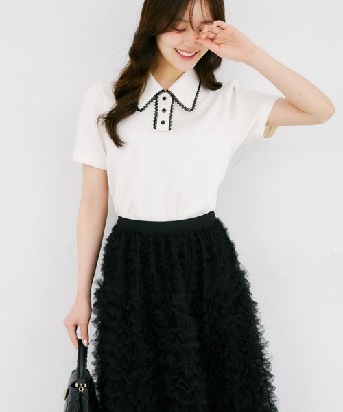 tocco closet（トッコ　クローゼット）の「【ZOZO限定】配色プチレース装飾ポロシャツ（Tシャツ/カットソー・レディース・杢グレー/アイボリー・M）」の7枚目の写真
